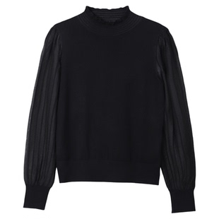 大洪洪【月光曲调】春款荷叶边半高领针织衫女条纹灯笼袖拼接上衣