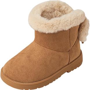 斯纳菲女童雪地靴冬季新款防滑加绒保暖新年红短靴儿童棉鞋中大童