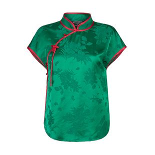 Bettychow 真丝新中式国风蝴蝶结桑蚕丝休闲上衣国风白玉扣衬衫