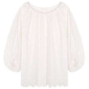 今屿花花 衬衫2025新款女白色刺绣镂空一字肩上衣宽松小个子套头