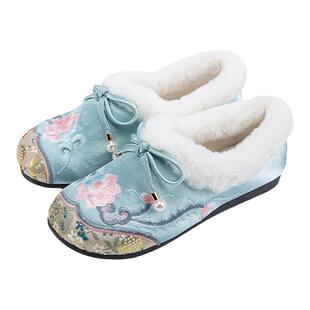 秋冬中式古风棉鞋女保暖民族风绣花鞋软底妈妈鞋老北京布鞋毛毛鞋