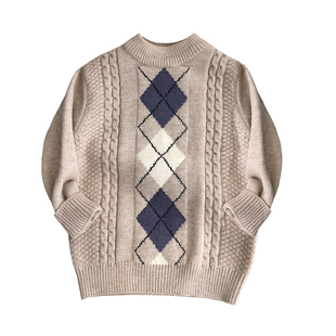 亲子装菱形格中大男童冬装提花圆领针织衫儿童半高领毛衣秋冬款