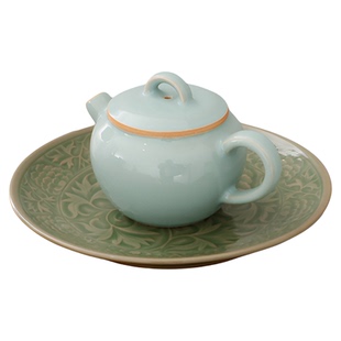 耀州窑青瓷橄榄青釉原矿高温印花牡丹纹零食盘水果干果碟家用菜盘