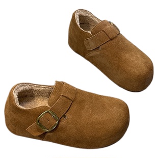 真皮内增高加绒勃肯鞋女2025秋冬新款丑萌圆头皮带扣一脚蹬单鞋