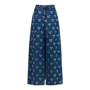 self-portrait 2025早春牛仔蓝满钻蝴蝶结牛仔阔腿裤长裤