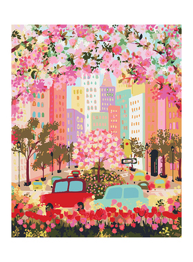 数字油画diy手绘填充手工手绘填色肌理画涂色油彩画 春日城市繁华
