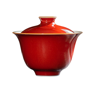 耕道堂霁红釉陶瓷优品-百合二才盖碗原矿祭红釉敬茶杯功夫茶具