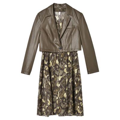 皮衣外套+中裙两件套装