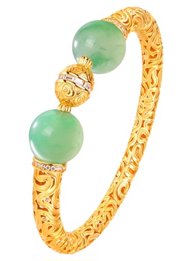 VISING珠宝天然非洲翠古法卷草纹金色手镯国风镯子S925银