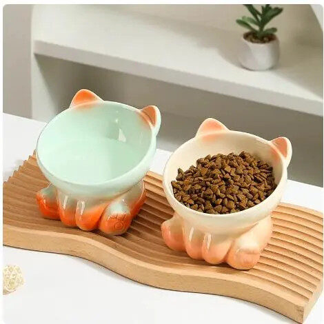 可爱渐变猫碗陶瓷猫食盆猫咪碗斜口高脚水碗防黑下巴猫食盆狗狗碗