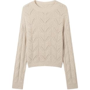 KBNE米色圆领长袖针织衫2025新款正肩百搭气质毛衣宽松上衣秋冬女