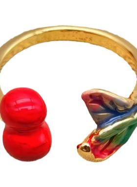 法式叶片樱桃电镀K金开口女铜