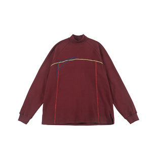 NOEARS冬季复古风半高领设计针织螺纹打底衫红色宽松长袖撞色T