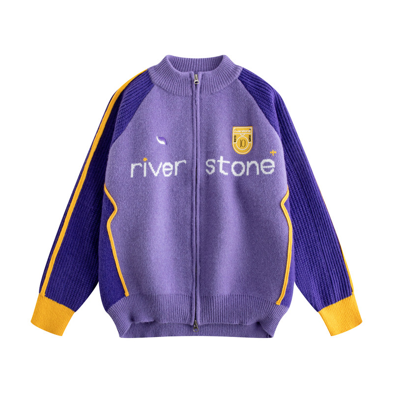 riverstone plus 立领提花拉链毛衣外套女春季撞色螺纹明线上衣