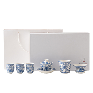 众人品陶瓷功夫茶具套装高档轻奢青花三才盖碗茶杯手工白瓷泡茶器