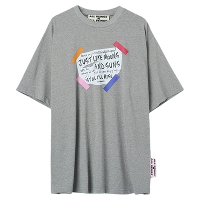 ALL BEINGS25SS早春新款手写便签廓形印花圆领宽松短袖纯棉T恤女