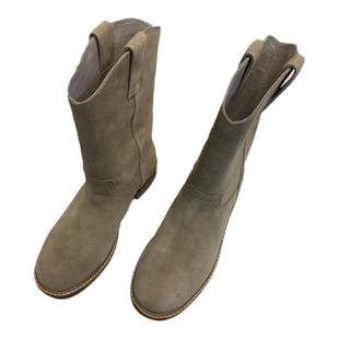 韩国手工鞋 HOWUS靴圆头粗跟西部短靴意大利进口牛皮中筒靴骑士靴