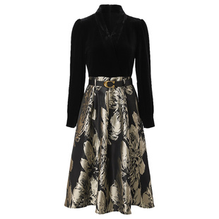 海青蓝金丝绒提花连衣裙女秋冬新款气质复古高级感收腰假两件裙子