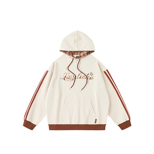 LAMLICKA美式复古格子连帽卫衣春新款oversize中性风撞色上衣宽松