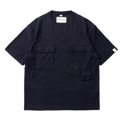 藏青色双层工作口袋短袖t恤宽松