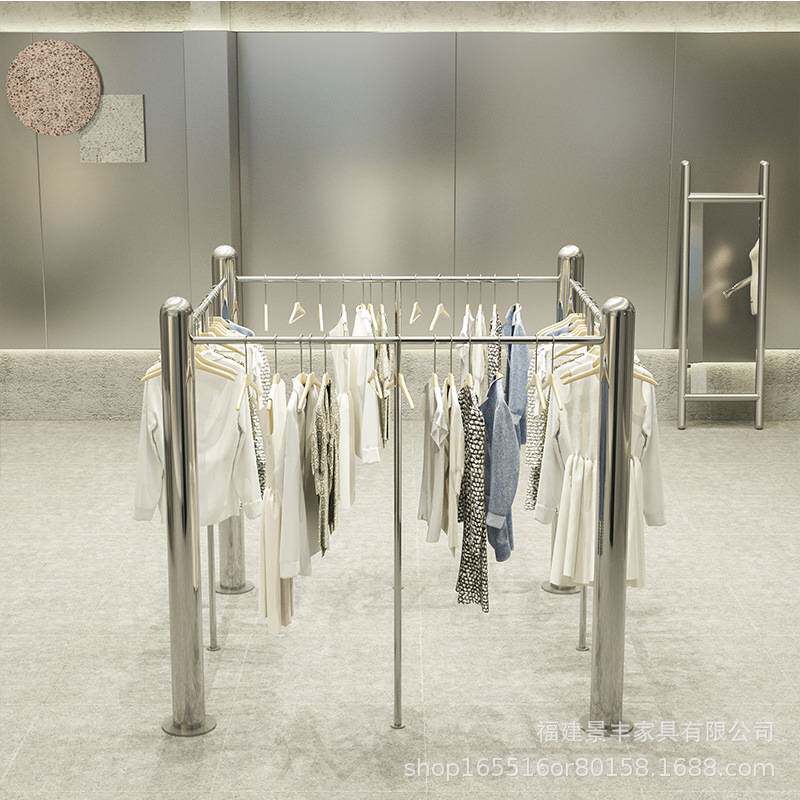 不锈钢服装展示架落地式中岛陈列货架侧挂上墙男女装专用挂衣架