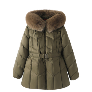 TENAX 2025冬新款宽松大码中年妈妈狐狸毛领连帽90鸭绒加厚羽绒服
