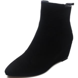 坡跟软羊皮小短靴女2025年新款冬季绒面尖头高跟鞋真皮女靴马丁靴