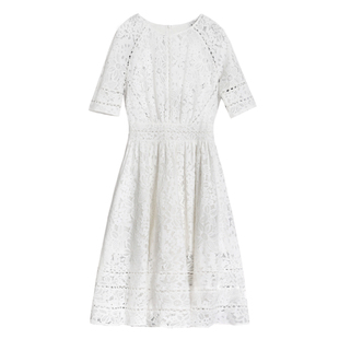 凯特王妃同款白色蕾丝连衣裙女夏季中长款镂空中袖圆领修身大摆裙