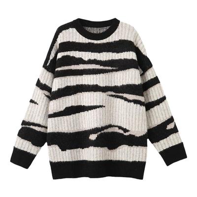 西町村屋复古斑马纹宽松毛衣女秋
