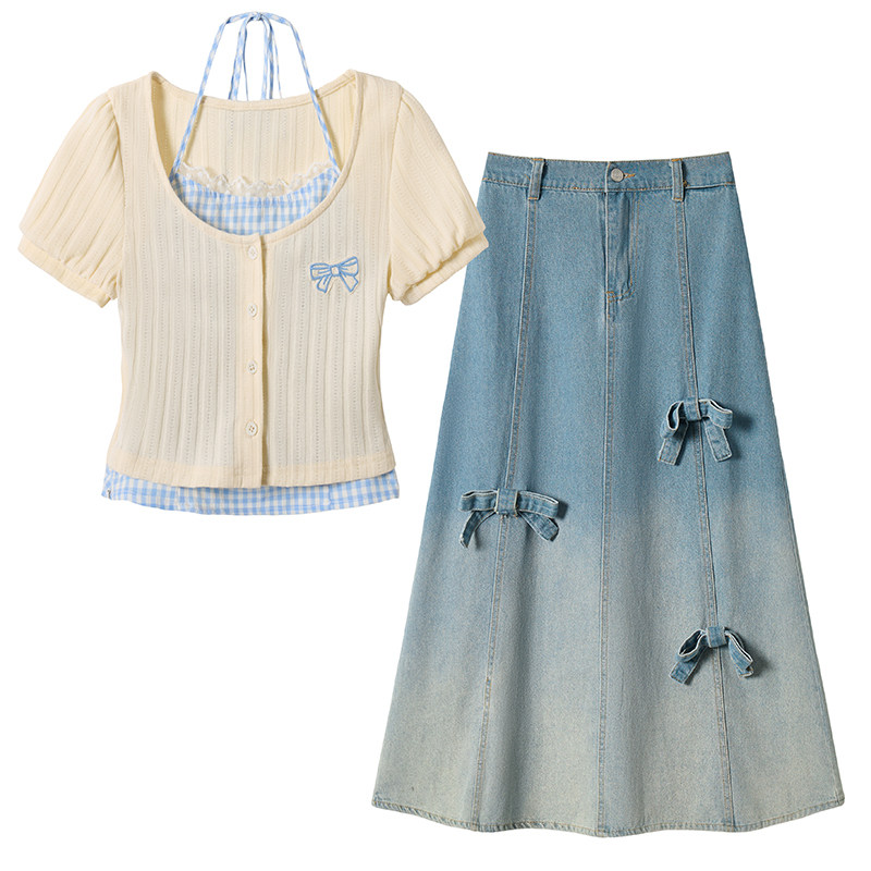 织物猪 心动甜心 甜美风牛仔半身裙套装女早春穿搭长裙上衣两件套