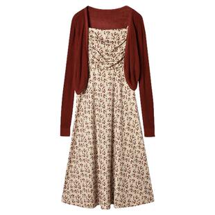 2025年秋装Outlets专柜 高端AM系列 长袖开衫+碎花吊带裙两件套装