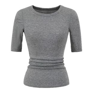 怪力酱 正肩紧身天丝圆领短袖t恤女春夏微透辣妹修身收腰中袖上衣