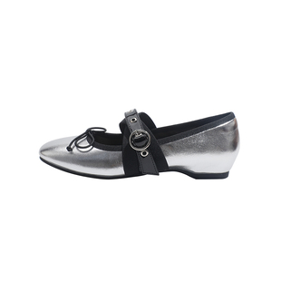 真皮~骄屿铆钉芭蕾玛丽珍鞋2026春新款蝴蝶结银色内增高朋克单鞋