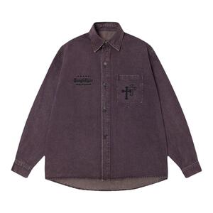 丛林老虎复古做旧水洗牛仔服衬衫男春秋美式潮流百搭宽松刺绣外套