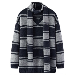 商场同款|森马毛衣女冬中长款V领宽松条纹围巾2025新款时尚套头衫