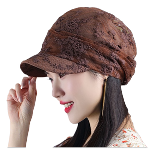 春夏上新绣花鸭舌八角帽透气网纱镂空中老年妈妈帽遮白发帽大帽身