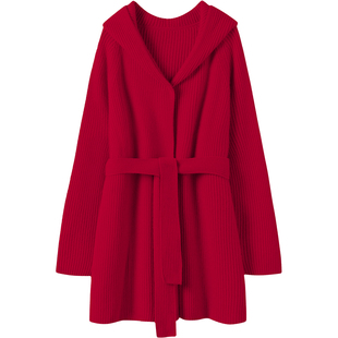 新年美衣 超厚重磅!100%山羊绒重磅简约风格系带中长款连帽外套