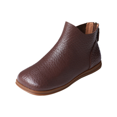 方头鞋后拉链平跟复古短靴