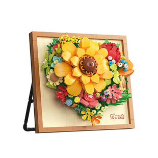 diy拼装拼图摆件女孩玩具小颗粒积木花相框立体画玫瑰向日葵花束