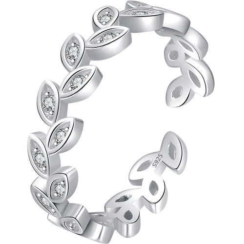 MODIAN摩典百搭甜酷S925纯银满钻幸运树叶开口戒指通勤百搭食指戒