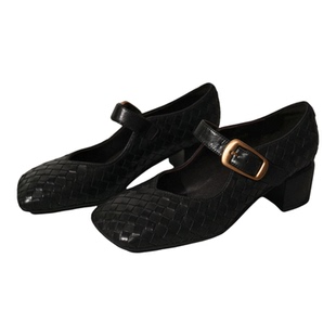 ALIAS MAE复古编织·意大利进口水洗马皮方头方跟塔扣女春夏单鞋