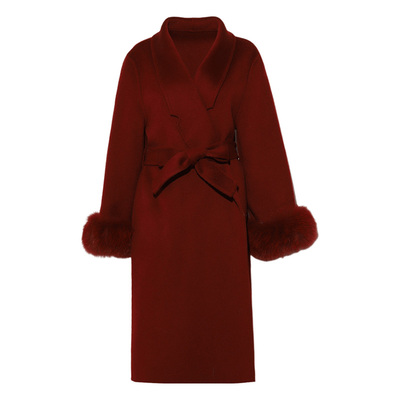 DPLAY2025冬季新款法式红色大衣结婚100羊毛长款双面呢子外套女