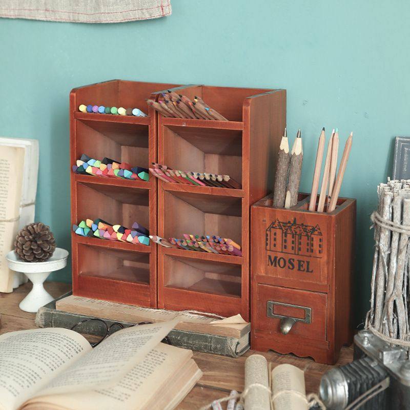 笔筒办公室书桌文具收纳盒桌面神器木制筒艺宿舍置物架刷笔木收纳