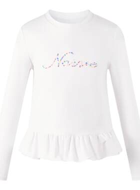 Little Naive女童白色T恤秋烫钻不规则荷叶边上衣儿童长袖打底衫