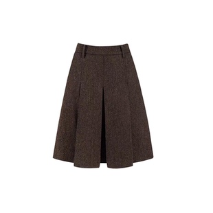 美拉德棕咖色百褶半身裙女秋冬加厚压褶五分裙小个子A字毛呢中裙