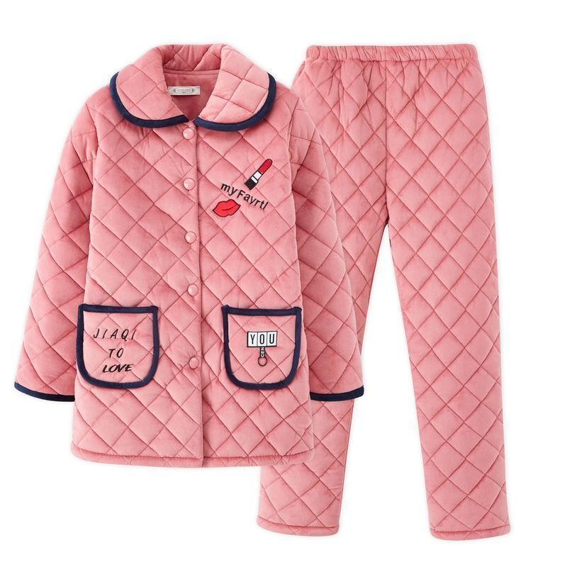 睡衣女冬季女士三层加厚珊瑚绒韩版夹棉袄可爱保暖加绒家居服套装