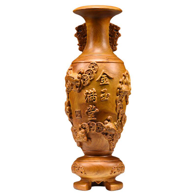香樟木雕金玉满堂花瓶摆件装饰品
