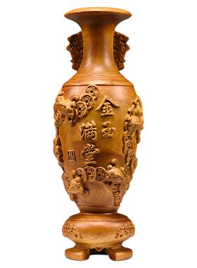 香樟木雕金玉满堂花瓶摆件装饰品