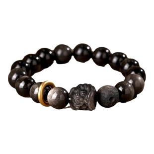 五台山乌金黑曜石醒狮跑环手串陨石转运珠盘玩手链送男友好运礼物