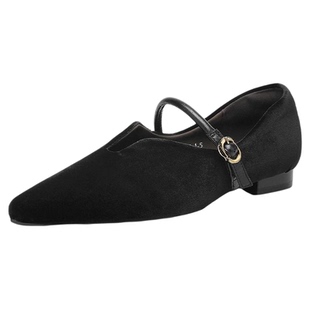 星期六羊皮单鞋女2025新款秋季法式尖头玛丽珍女鞋黑色复古平底鞋